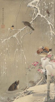 Weidenbaum und Mandarinen Enten im Schnee Ito Jakuchu Japanisch Ölgemälde